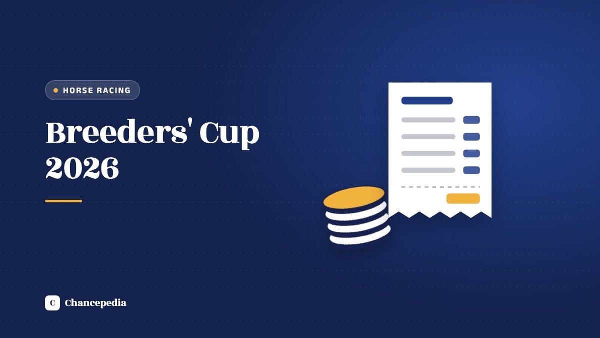 A racing slip beside a stack of coins on a blue panel with the label Breeders' Cup 2026