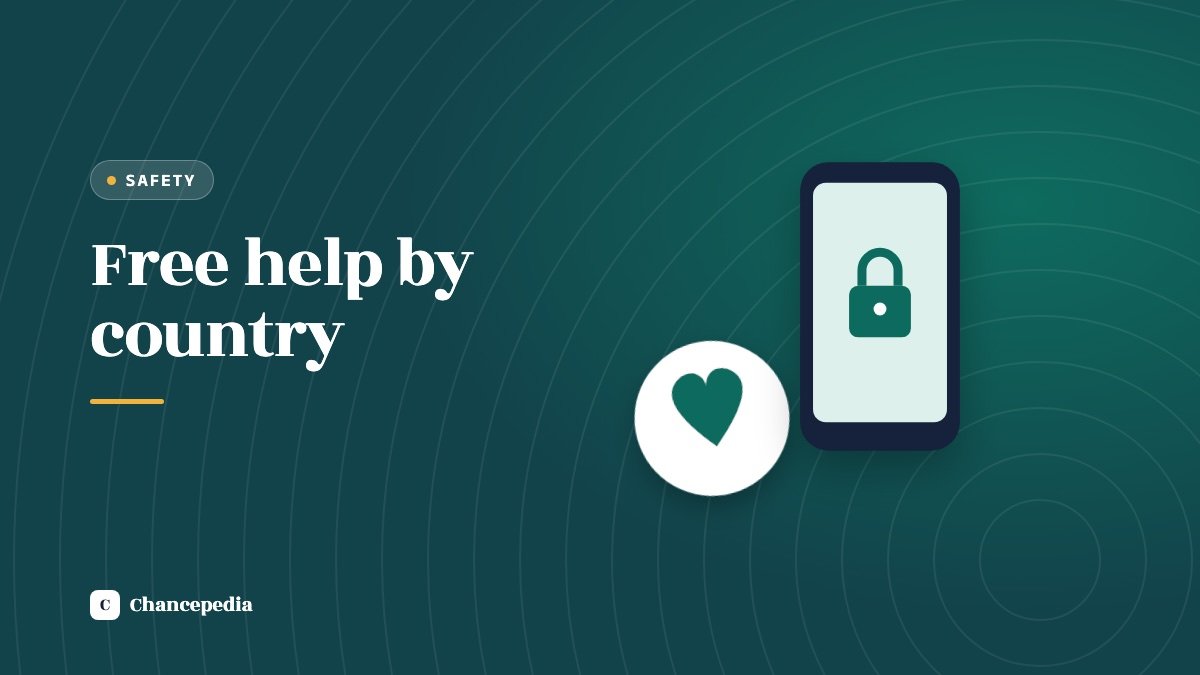 A phone showing a padlock and a heart icon on a dark teal background beside the words Free help by country