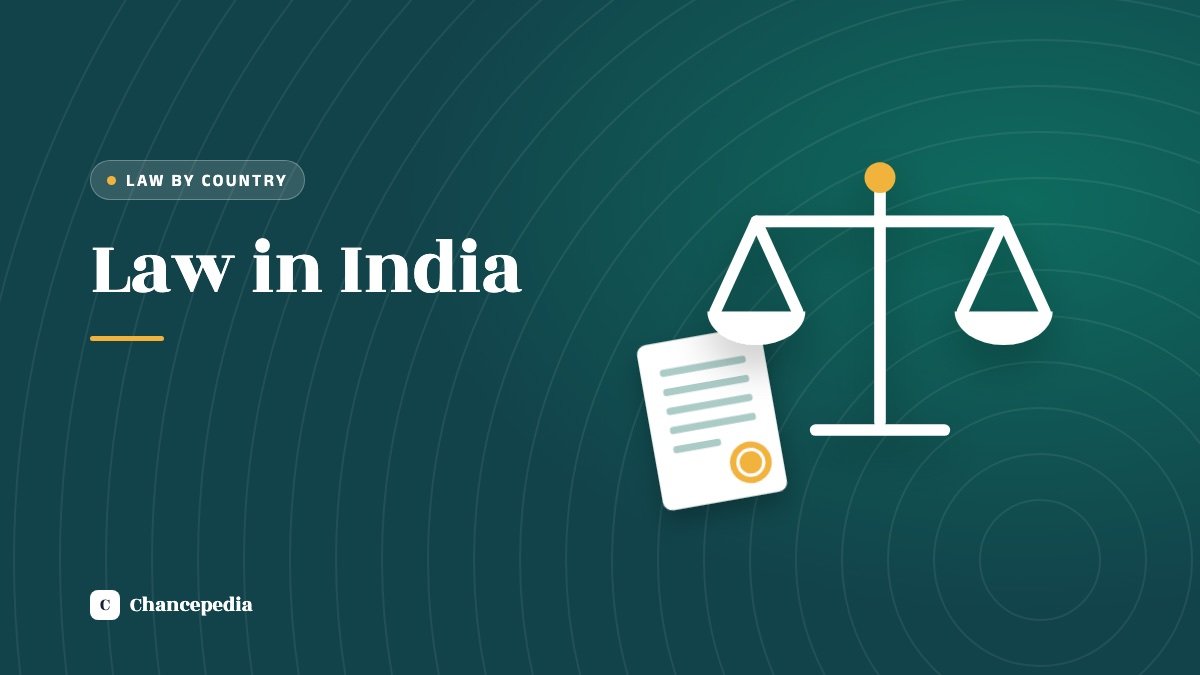 A pair of scales beside a document with a seal on a dark teal background, with the words Law in India