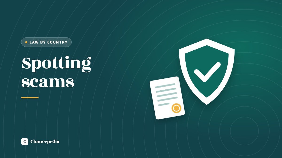 A white shield with a check mark beside a document with a seal on a dark teal background, with the words Spotting scams