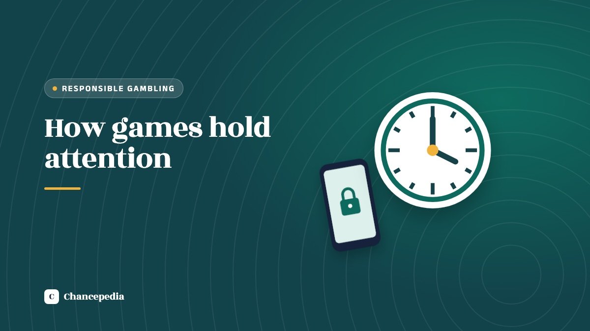A clock beside a phone showing a padlock on a dark teal background, with the words How games hold attention