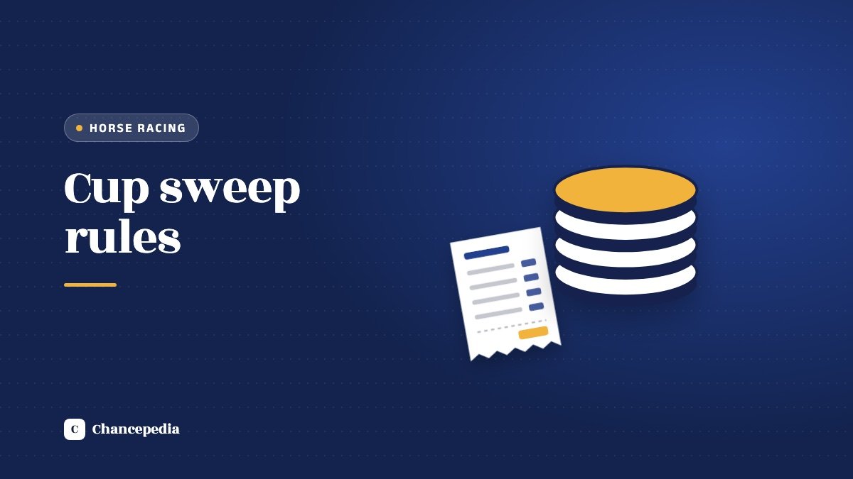 A stack of coins beside a racing slip on a blue panel with the label Cup sweep rules