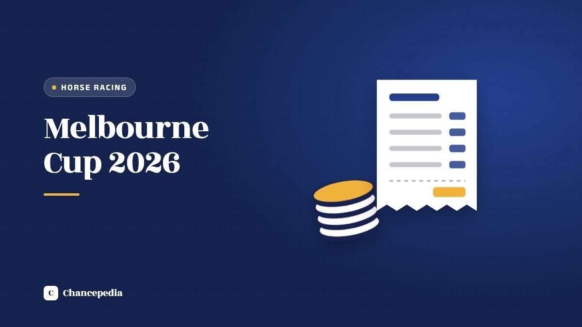 A racing slip beside a stack of coins on a blue panel with the label Melbourne Cup 2026