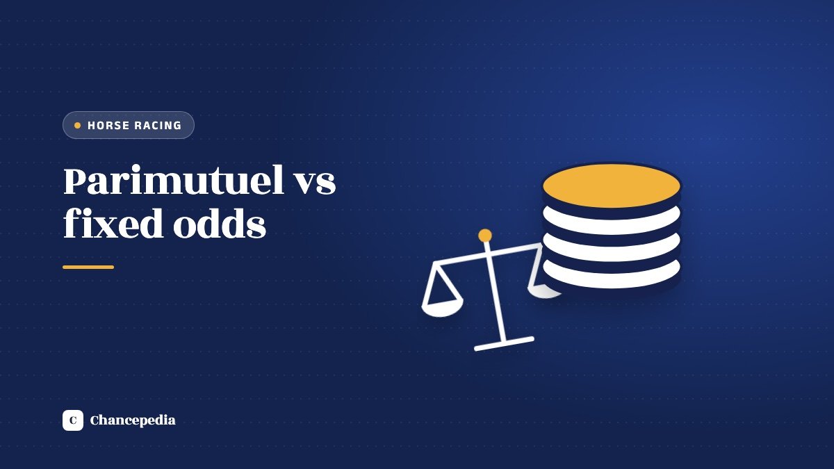 Balance scales beside a stack of coins on a blue panel with the label Parimutuel vs fixed odds