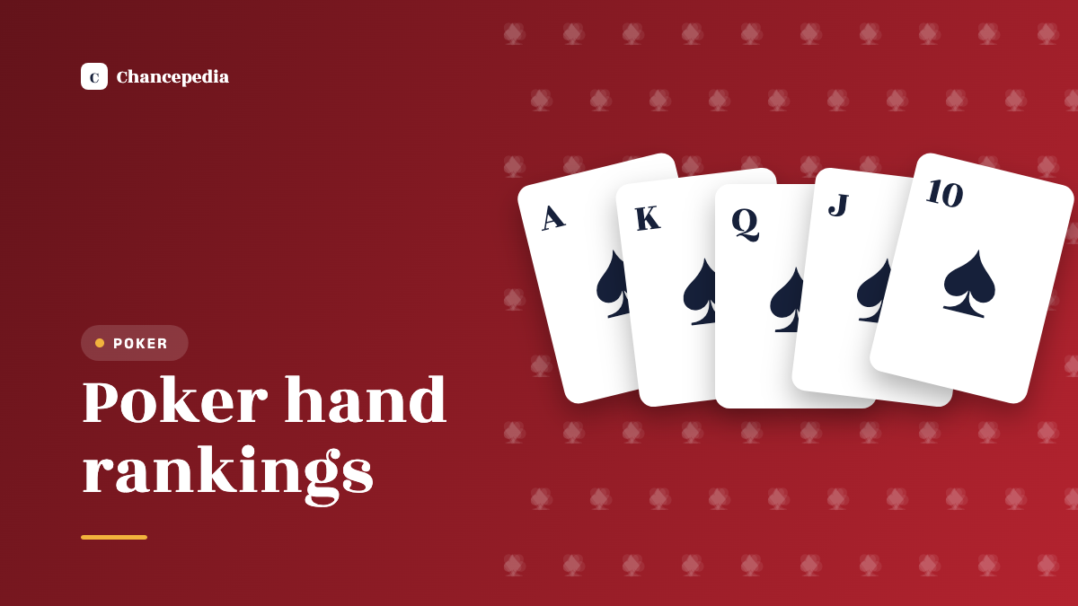 A royal flush of spades beside the label Poker hand rankings on a red panel