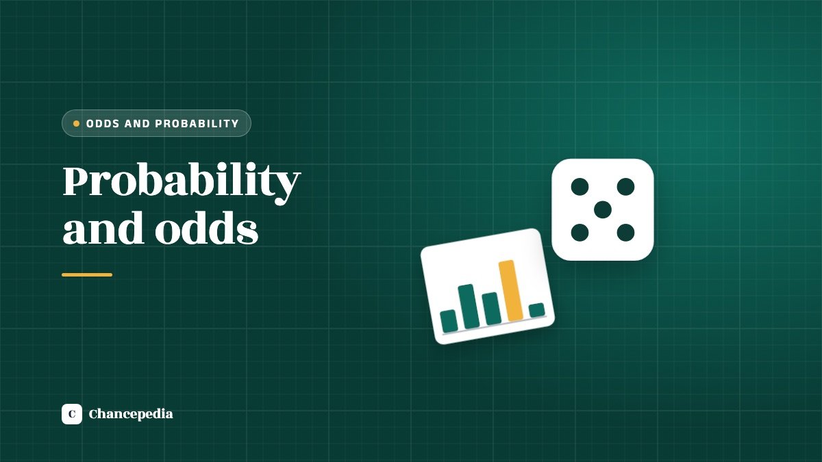 A die showing five and a small bar chart on a dark teal grid background, with the words Probability and odds