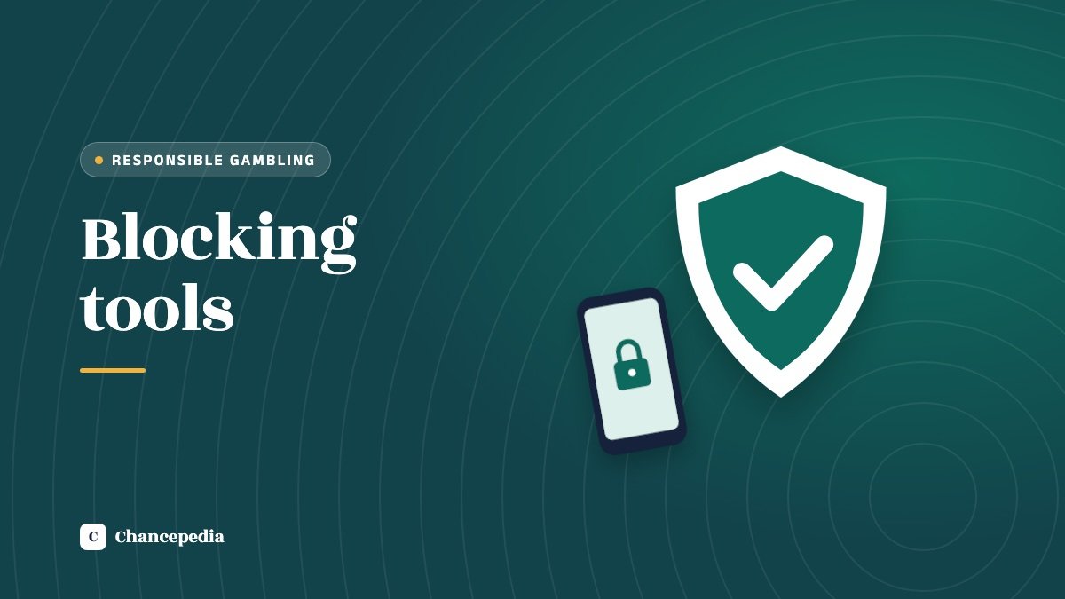 A white shield with a check mark beside a phone showing a padlock, on a dark teal background, with the words Blocking tools