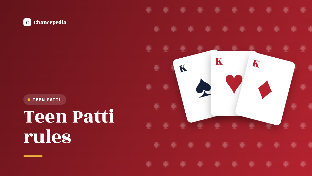 Three playing cards beside the label Teen Patti rules on a red panel