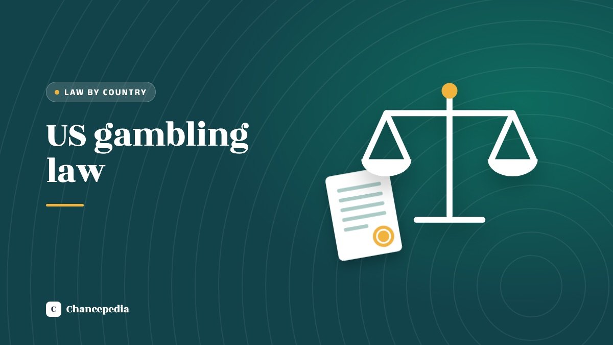 A pair of scales beside a document with a seal on a dark teal background, with the words US gambling law