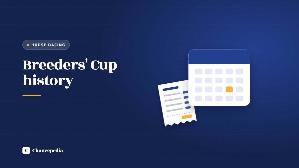 A calendar with one date highlighted beside a racing slip on a blue panel with the label Breeders' Cup history